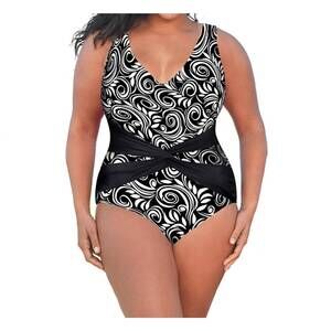 NEW ALWAYS FOR ME plus size v-neck twist front one piece swimsuit in white scrol